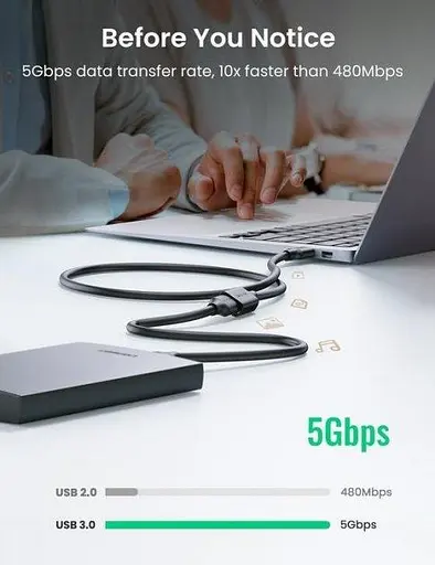 Кабель Ugreen US129 USB 3.0 Extension Male Cable 1.5 м черный (30126) - фото 3