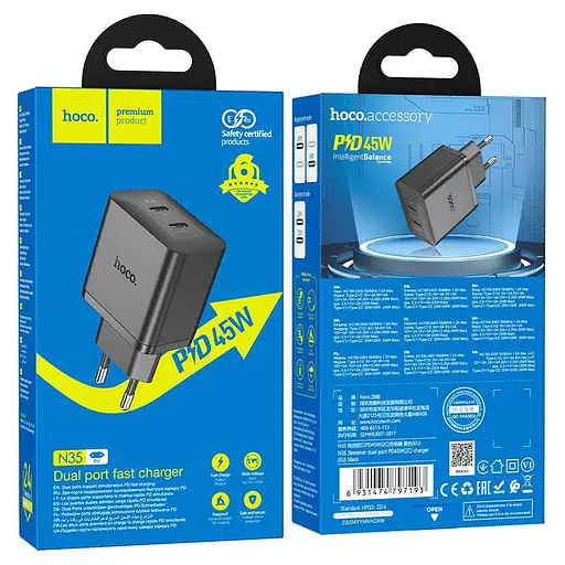 Сетевое зарядное устройство Hoco N35 Streamer dual-port PD45W GaN (2C) charger(EU) черный - фото 2