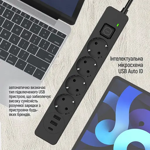 Мережевий фільтр-подовжувач СolorWay 4 розетки/3USB (2USB-A + 1 TYPE-C) (24W) Black 2 м (CW- CHE432PDB) - фото 8