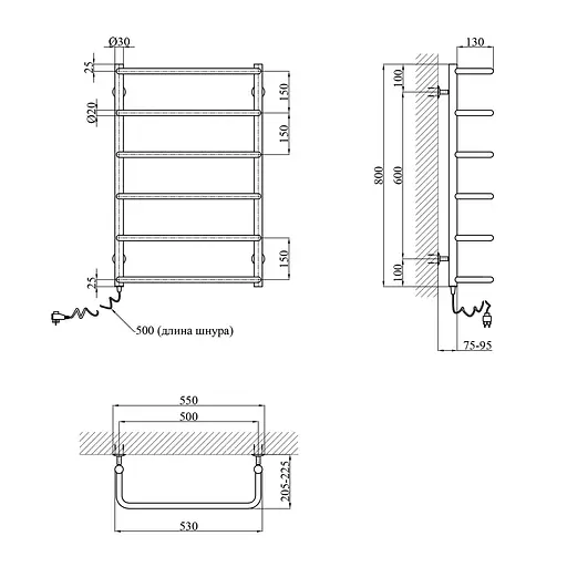 Полотенцесушитель электрический Kroner Скоба ДС10EL 800x500/6 ЕL CV023837, Хром, Левое - фото 2