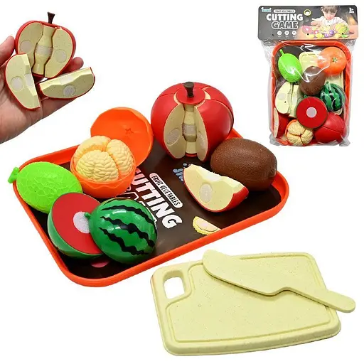Продукты на липучке JQ 912-2, 8 элементов, овощи, фрукты, поднос, дощечка, нож, в пакете (6974726400878) - фото 5