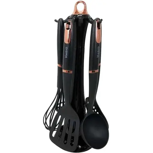 Набір кухонного приладдя Magio MG-1125 з підставкою силіконовий 5 шт. Чорний - фото 1