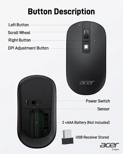 Бездротова комп'ютерна миша Acer, 2.4G Slim USB Wireless Mouse з USB-приймачем, 800/1200/1600 Оптична миша, що регулюється - фото 3