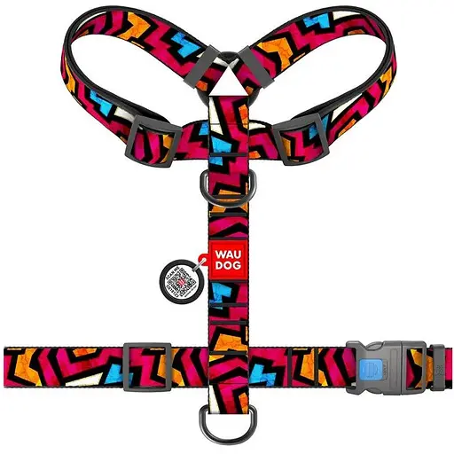 Шлея для собак Waudog Nylon анатомічна H-подібна з QR-паспортом, малюнок "Графіті", пластиковий фастекс, XL - фото 2