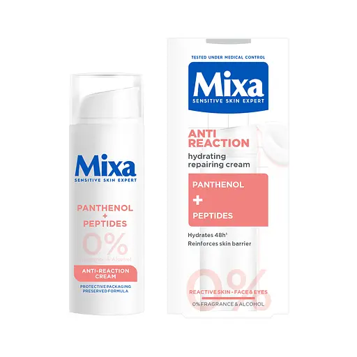 Увлажняющий крем с пантенолом Mixa Anti-Reaction Hydrating Repairing Cream для успокоения и укрепления защитного барьера чувствительной кожи лица 50 мл