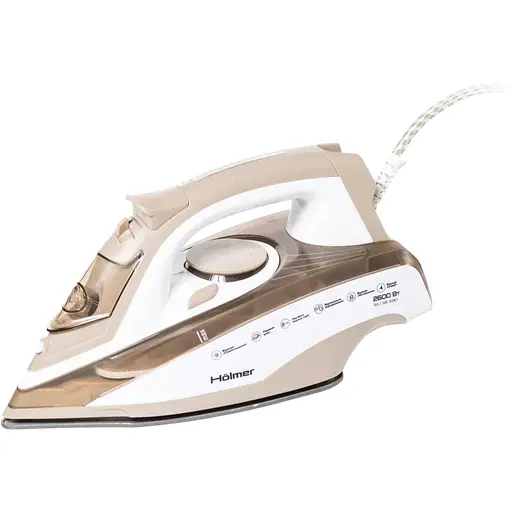 Утюг Holmer HIТ-2642, Beige, 2600W, тефлон, паровой удар 140 г/мин, постоянная подача пара 40 г/мин, вертикальное отпаривание, очистка от накипи, антикапля