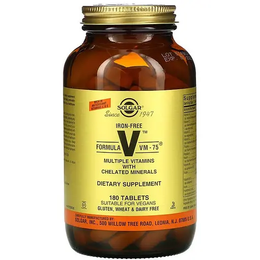 Мультивітаміни та хелатні мінерали Solgar Formula V, VM-75 без заліза 180 таблеток