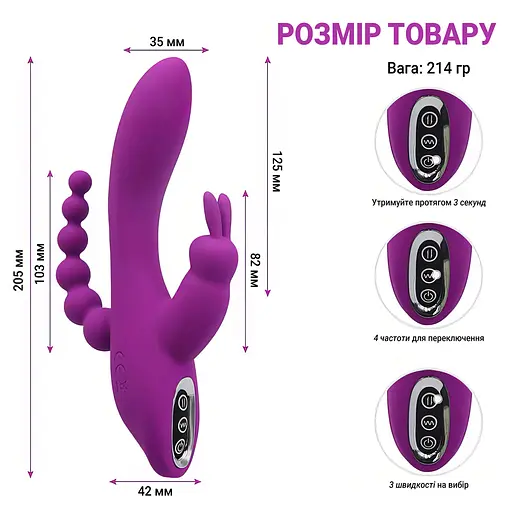 Вагінально-анальний вібратор Super Rabbit з 12 режимами вібрації для жінок 20 см фуксія - фото 8