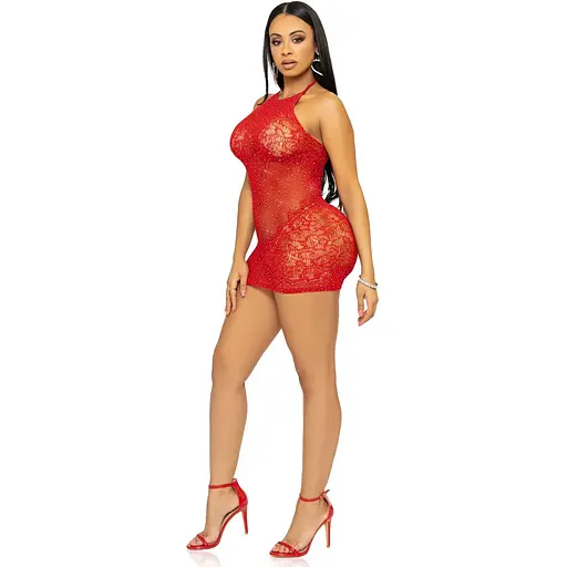 Сукня-сітка зі стразами Leg Avenue RhinestOne halter Mini dress Red, відкрита спина, One Size - фото 9