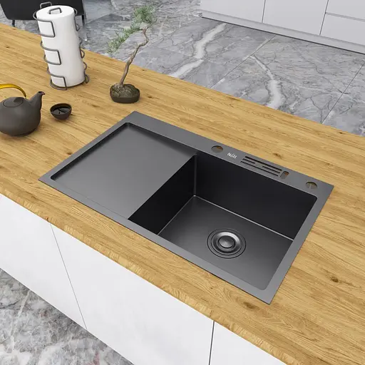 Кухонна мийка чорна з лівим крилом 1.5 мм нержавіюча сталь Nett NB-7848(L), Чорний - фото 4