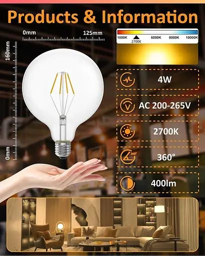 Винтажные большие глобусные лампы Bonlux G125, светодиодная глобусная лампа E27 с регулируемой яркостью, 4 Вт, теплый белый цвет - фото 3