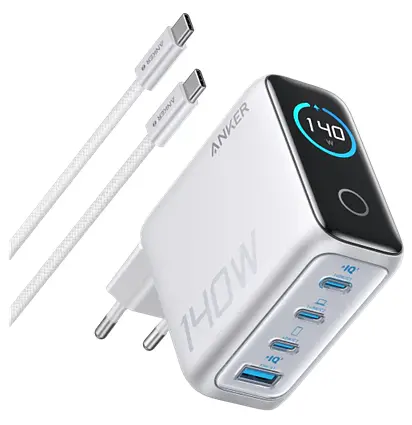 Мережевий зарядний пристрій Anker Laptop GaN Charger 140W 3xUSB-C PD3.1 & 1xUSB-A w Display and Cable Silver (7121461) - фото 1