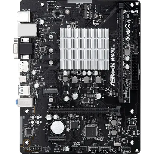 Материнская плата ASRock N100M (Quad-Core N100 3.4GHz, 1xDDR4 DIMM, VGA/HDMI/DP, 1xPCIe, 2xSATAIII, M.2, GLan, mATX)