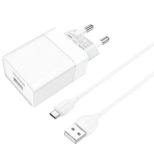 Сетевое зарядное устройство с кабелем Borofone BA47A Mighty speed single port QC3. 0 3A + Micro-USB cable 18W белый - фото 3