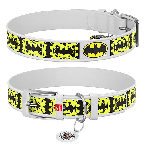 Ошейник для собак кожаный Waudog Design с QR-паспортом "Бэтмен4" XL Ш 35 мм Д 46-59 см белый