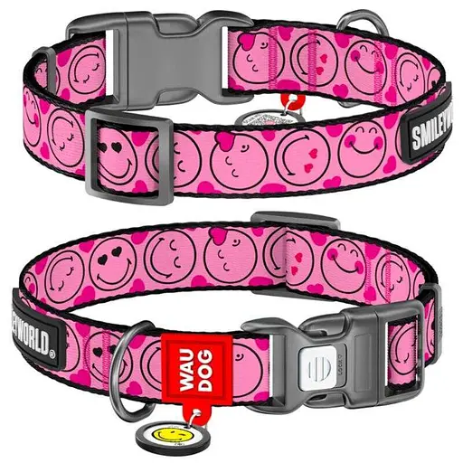Collar WAUDOG Nylon - Нашийник нейлоновий з малюнком "Смайли на рожевому" і QR паспортом для собак - М (2х28-40 см)