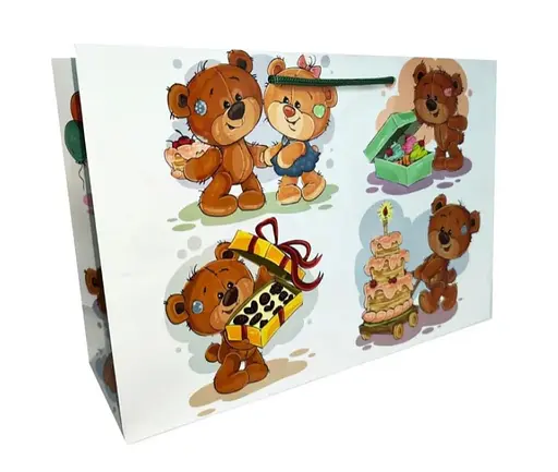 Подарочный пакет, 150 г/м², Медвежонок с подарками, 45x33x13 см, 6 шт. в упаковке