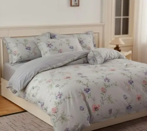 Постельное комбинированное белье Страйп сатин с цветочным принтом Серый полуторный двухсторонний комплект - фото 1