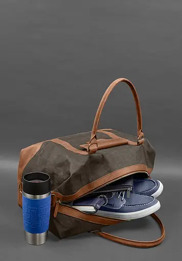 Дорожная сумка из коричневого конваса и натуральной кожи Crazy Horse светло-коричневая - фото 7