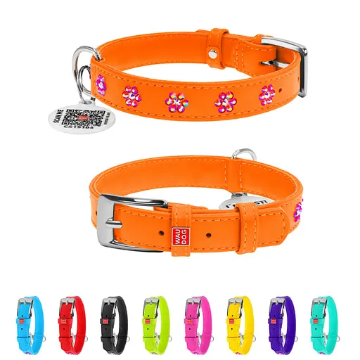 Нашийник для собак шкіряний Waudog Glamour з QR-паспортом з клейовими стразами "Квіти" Ш 15 мм Д 27-36 см помаранчевий - фото 2
