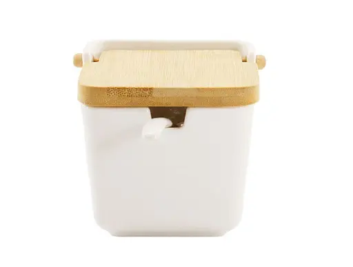 Банка для спецій з дерев'яною кришкою та ложкою порцелянова Grazie 280 мл біла (PJ03772)