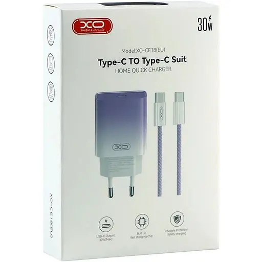 Комплект зарядного пристрою XO CE18 1Type-C PD/QC 30W Type-C to Type-C Violet - фото 2