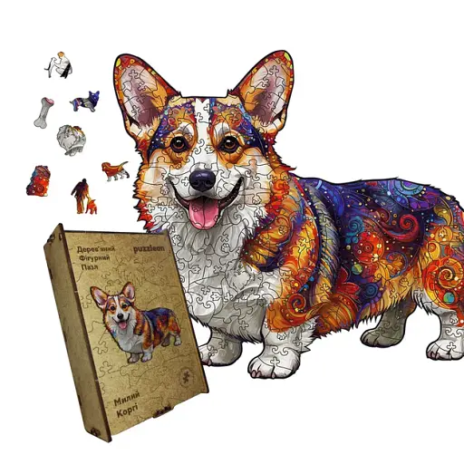 Дерев'яний фігурний пазл Милий Коргі, А3, Дерев'яна коробка 200 елементів