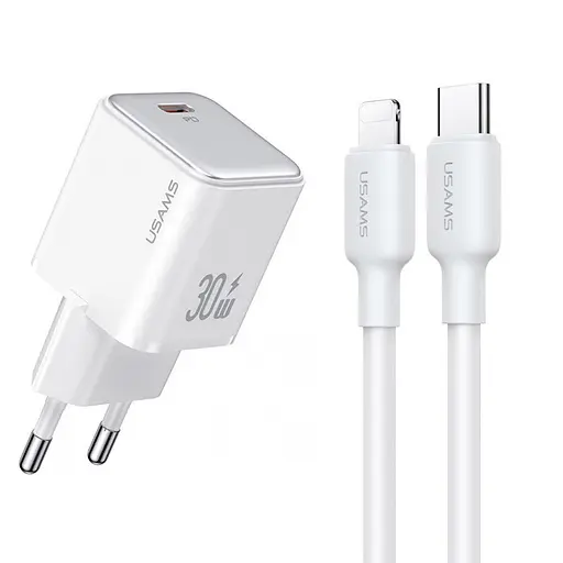 МЗП Usams US-CC186 PD30W (1USB-C) + кабель Type-C to Lightning White