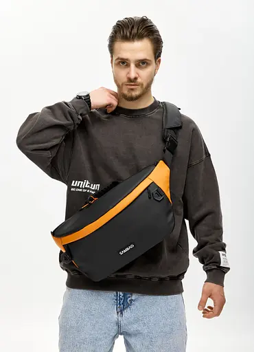 Мужская сумка-бананка под ноутбук Sambag Urban Laptop черно-оранжевая 46×26 см (51411129m) - фото 3