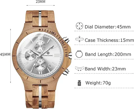 Аналоговий кварцовий годинник RORIOS з натурального дерева ручної роботи з багатофункціональним хронографом для чоловіків - фото 4