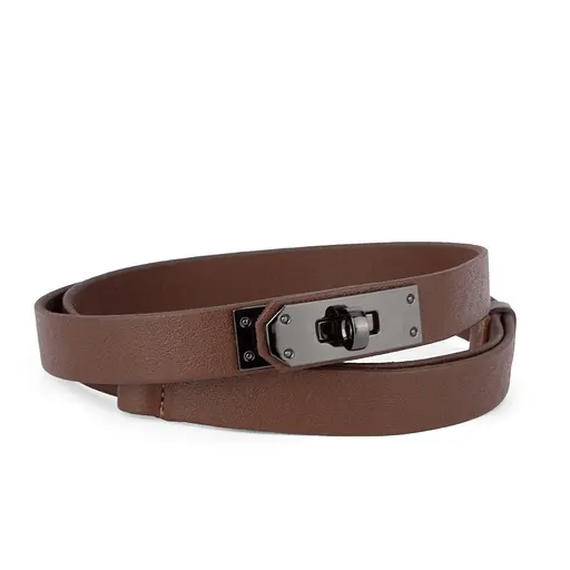 Ремень женский узкий коричневый кожаный JK-2031 с темной пряжкой (110 см) - фото 1