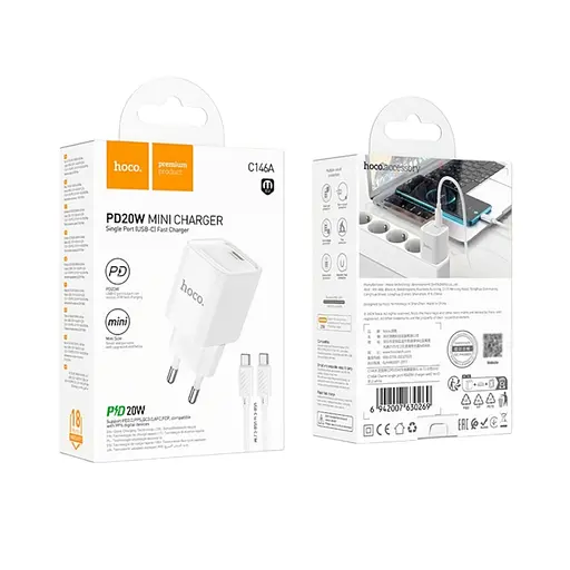 Мережевий зарядний пристрій Hoco C146A PD 20W USB Type-C з кабелем Type-C 1 м - фото 2