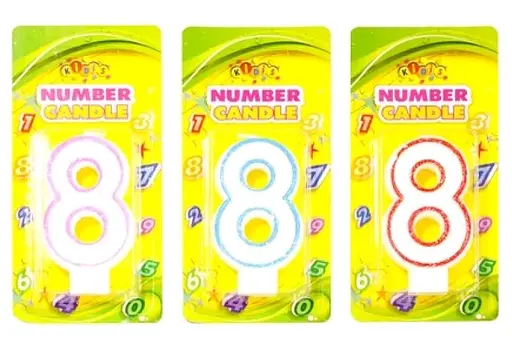 Свічка-цифра з кольоровим контуром і глітером всередині, цифра 8, 4 шт. в упаковці