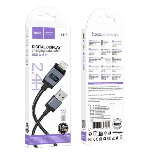 Кабель Hoco X118 Generous charging data cable with display iP Чорний - фото 2