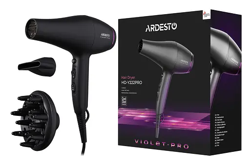 Фен Ardesto Violet PRO HD-Y222PRO, 1850-2200Вт, 2 швидкості, 3темп.режиму, дифузор, чорний - фото 9