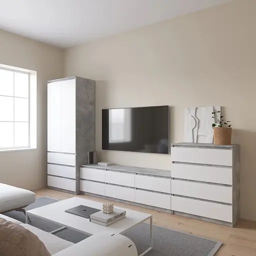 Комплект мебели в гостиную VAYS шкаф R-9, тумба R-12, комод R-4, бетон-белый фасад