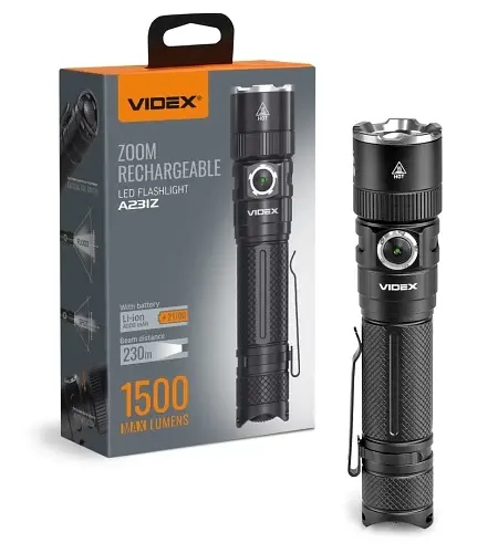 Фонарь ручной Videx A231Z, Black, 1500 Лм, 5000K, до 230 м, 6 режимов работы, линзы из закаленного стекла, светодиод Luminus 4xSST40 (20 Вт), аккумулятор (Li-ion 21700 4000mAh), Type-C, IP67 (VLF-A231Z)