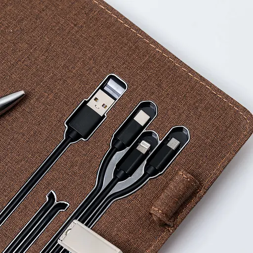 Текстильний коричневий бізнес щоденник-органайзер з бездротовою зарядкою з вбудованим Powerbank і флешкою з ручкою в коробці із якісного картону - фото 8