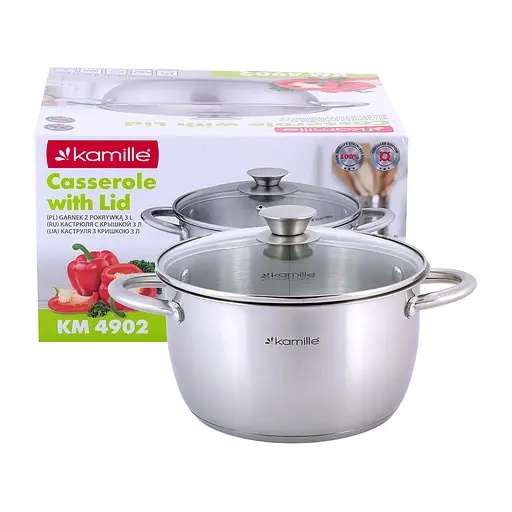 Каструля 3 л з нержавіючої сталі з кришкою та порожнистими ручками для індукції та газу KM-4902 Сірий 87480 - фото 2