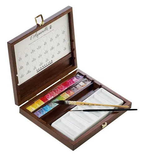 Подарочный набор акварельных красок Sennelier L'Aquarelle, 24 цветов, кювета, дерево + аксессуары.
