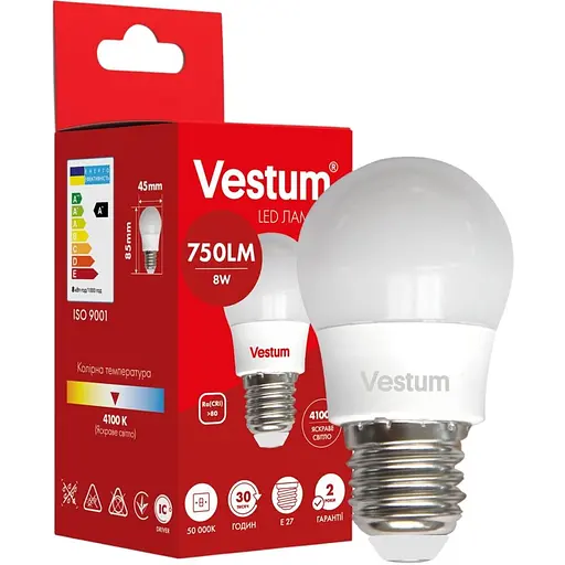 Світлодіодна лампа Vestum G45 8W 4100K 220V E27 1-VS-1209