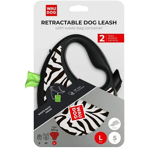 Повідець-рулетка для собак Waudog R-leash з контейнером для пакетів, малюнок "Зебра", світловідбивна стрічка, L - фото 6