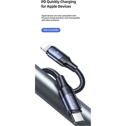 Кабель Usams US-SJ522 U71 USB-C to Lightning 20W 2m Black (SJ522USB01) [153989] - фото 3