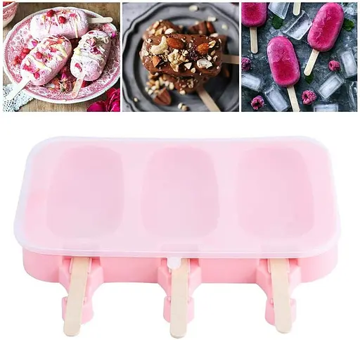Форма силіконова для морозива Ескімо та євродесертів з паличками (3 комірки) 19х14 см, Danmenqing Рожевий 85120 - фото 2
