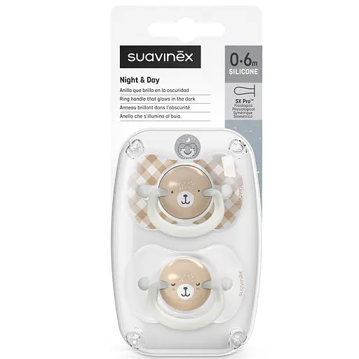 Пустушка фізіологочна нічна Suavinex Night and day набір: 2 шт., 0-6 місяців бежева з малюнком (309096)
