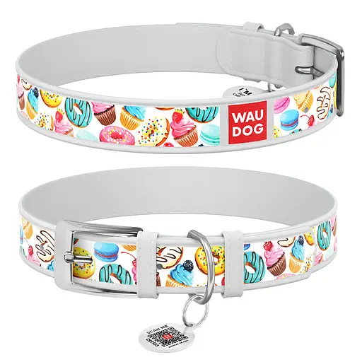 Ошейник для собак кожаный Waudog Design с QR-паспортом "Пончики" S Ш 15 мм Д 26-35 см белый