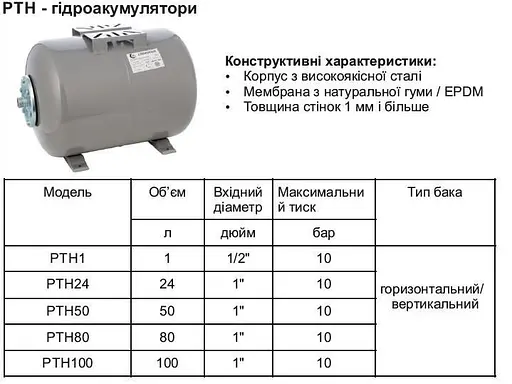 Гідроакумулятор GIDROTEH 50 L PTH50 мембранний 30412 - фото 2