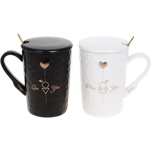 Набір фарфорових кухлів з кришкою та ложкою BonaDi Love You 380 мл 2 шт білий та чорний (927-220)