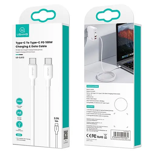 Кабель Usams US-SJ613 U84 Type-C To Type-C PD 100W Charging Data Cable 1 м Білий - фото 2