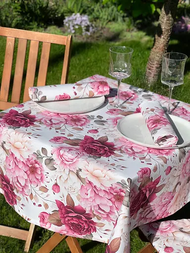 Водоотталкивающая Скатерть с 3D принтом Танец пионов 220х140 см (+ 4 салфетки 30х40) Красный - фото 3